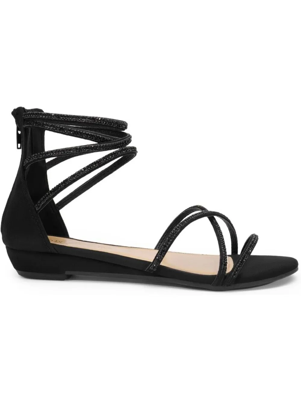 Women's Black Rhinestones Gladiator Flat Sandals Ankle Strap Comfortable Zip